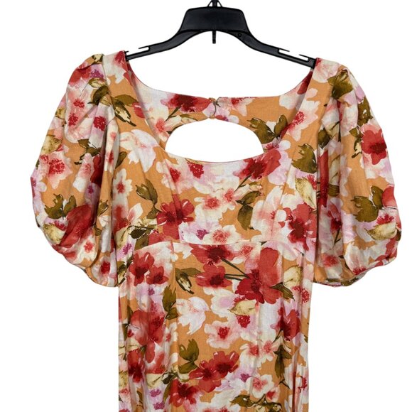 Moon River Linen Blend Midi Dress Small Orange Multicolor Floral Puff Sleeve - Picture 5 of 10